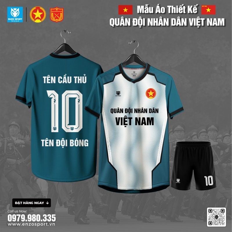 Áo Bóng Đá Thiết Kế Quân Đội Xanh Phối Trắng