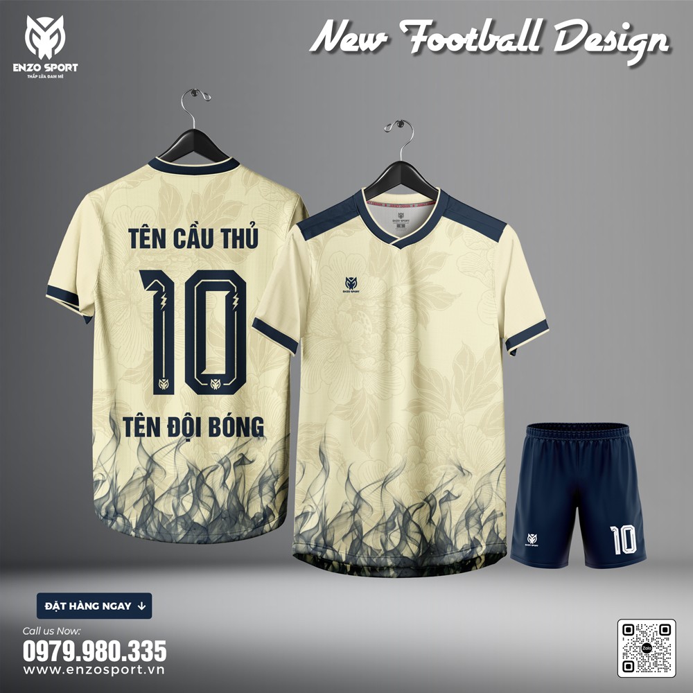 Áo đá banh màu kem pastel phối navy họa tiết hoa chìm Enzo Sport