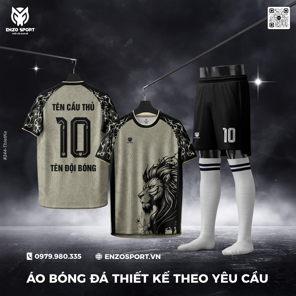Áo bóng đá thiết kế theo yêu cầu màu xám bạc ánh kim in hình sư tử
