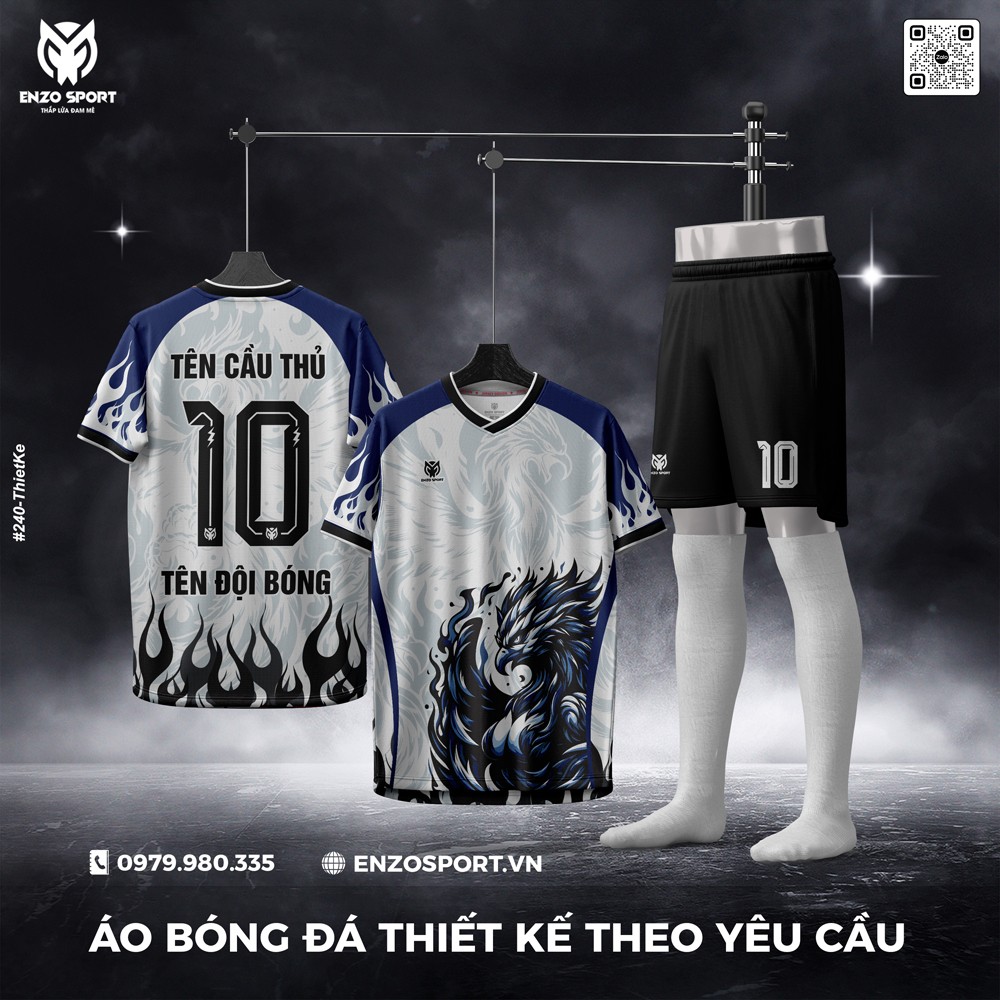 Áo bóng đá thiết kế trắng xám phượng hoàng ENZO SPORT
